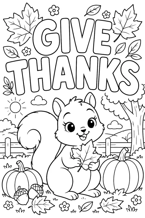 big outline letters spelling GIVE THANKS with leaves coloring page