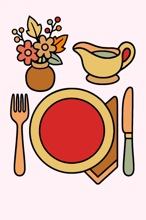 Table setting with plate, cutlery, napkin, gravy boat and flowers coloring page