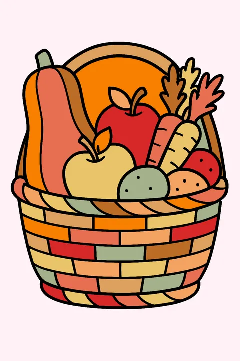 Wicker basket full of squash, carrots, apples and potatoes coloring page