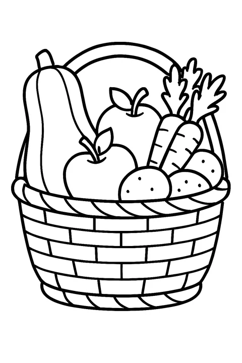 Wicker basket full of squash, carrots, apples and potatoes coloring page
