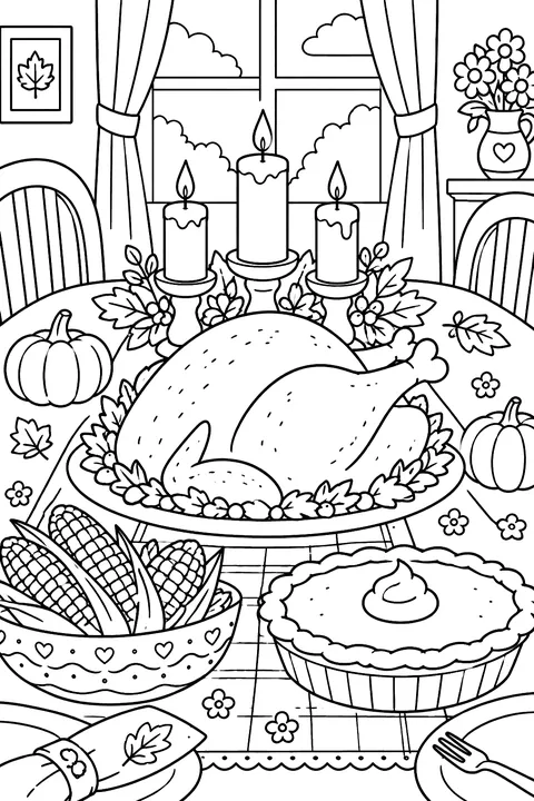 a table set with turkey, corn, pie and candles coloring page