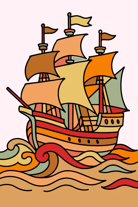 Mayflower sailing ship on ocean waves coloring page
