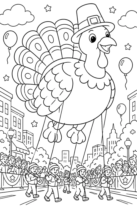 a giant turkey balloon floating in a parade coloring page