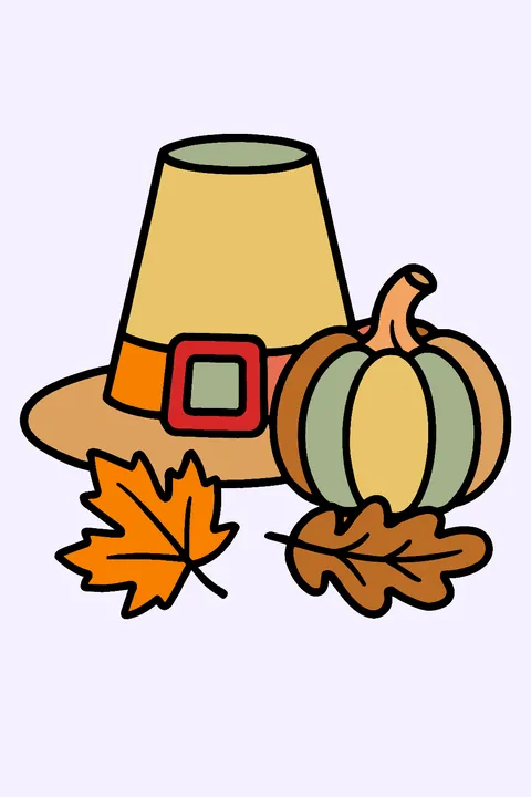 Pilgrim hat with a buckle next to a pumpkin and leaves coloring page