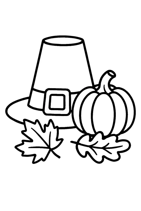 Pilgrim hat with a buckle next to a pumpkin and leaves coloring page