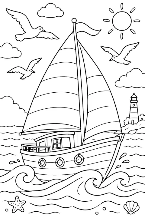 a sailing ship on waves with seagulls coloring page