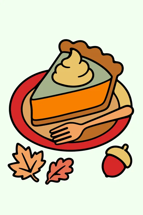 a slice of pumpkin pie with whipped cream on a plate with a fork, two small autumn leaves and an acorn beside it coloring page