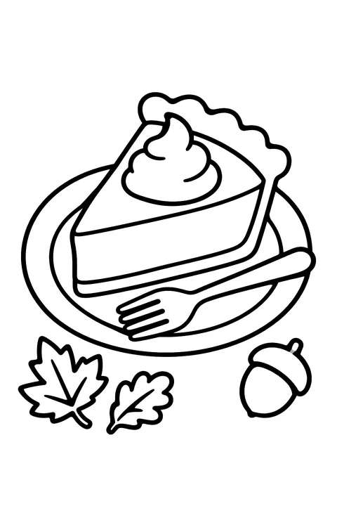 a slice of pumpkin pie with whipped cream on a plate with a fork, two small autumn leaves and an acorn beside it coloring page