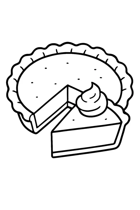 Pumpkin pie with a slice cut and whipped cream coloring page