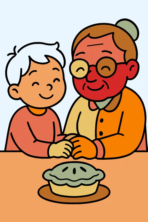 Child and grandparent holding hands beside a pie coloring page