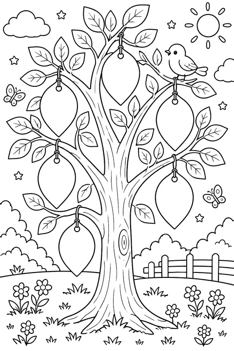 a tree with leaf-shaped cards hanging from it coloring page
