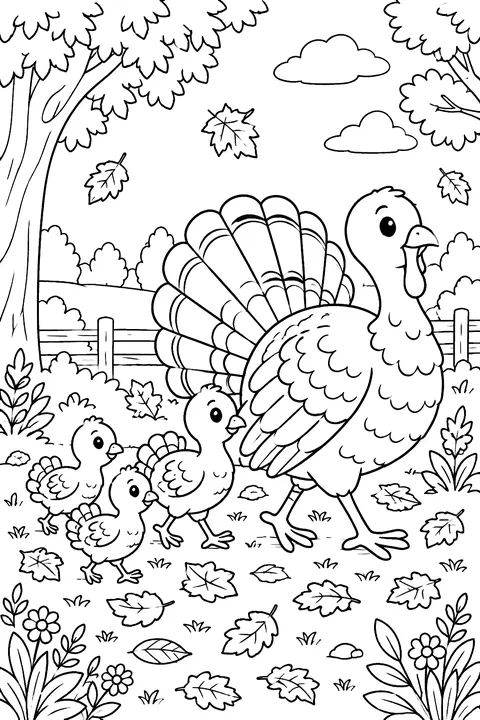 a turkey family walking through autumn leaves coloring page