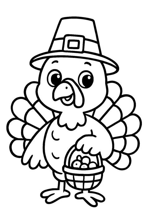 Turkey wearing a pilgrim hat holding a basket of berries coloring page