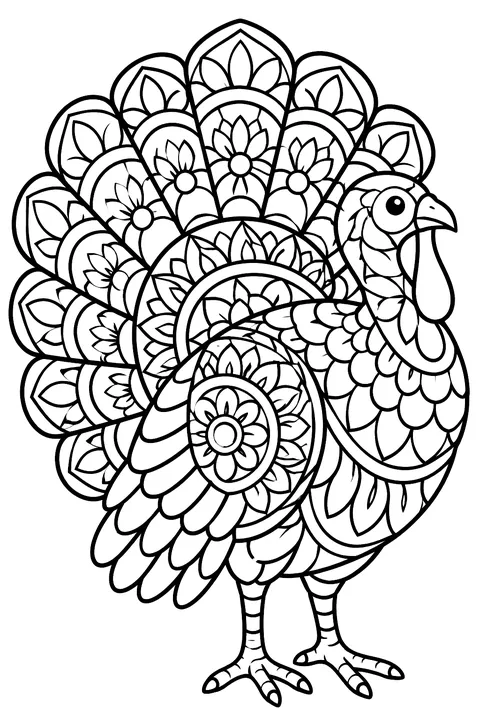 a turkey whose feathers are filled with mandala patterns coloring page