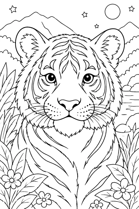 Realistic tiger face portrait coloring page