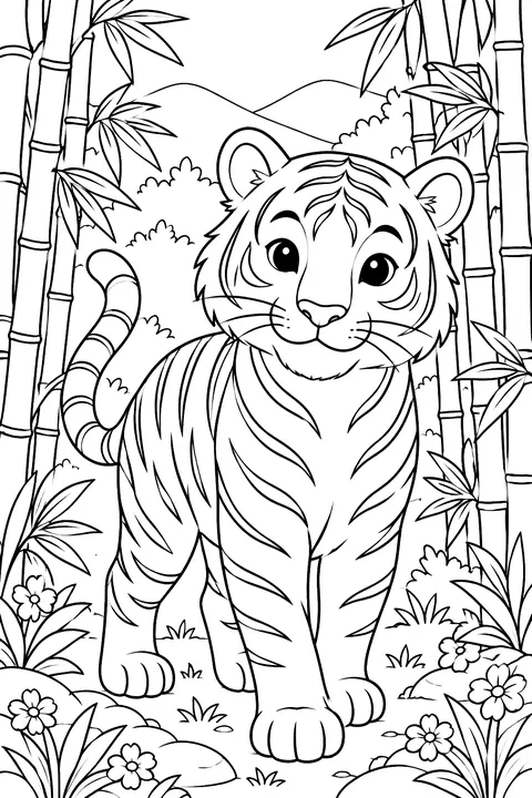 Tiger in a bamboo forest coloring page