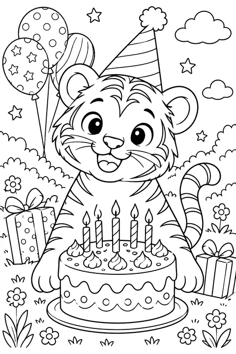 Tiger with a birthday cake coloring page