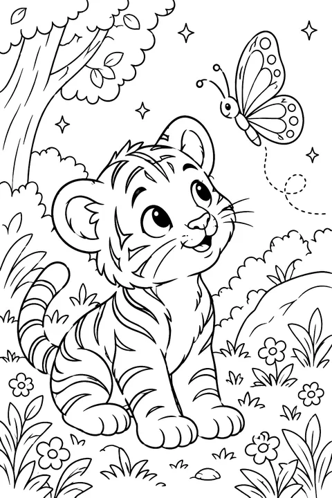 Tiger cub watching a butterfly coloring page