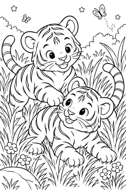 Two tiger cubs playing in tall grass coloring page
