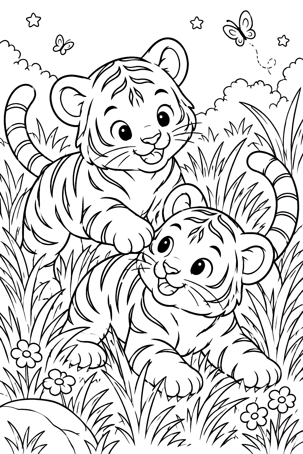 Two tiger cubs playing in tall grass coloring page