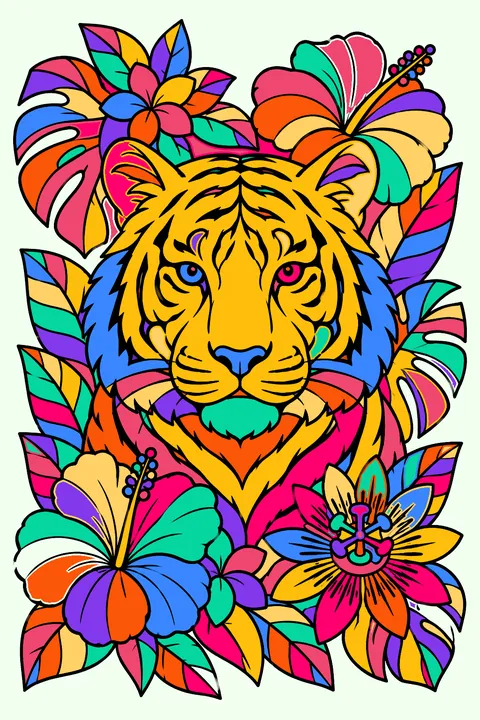 Tiger surrounded by intricate jungle flowers coloring page