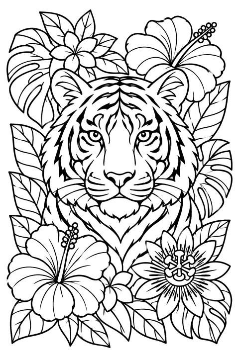 Tiger surrounded by intricate jungle flowers coloring page