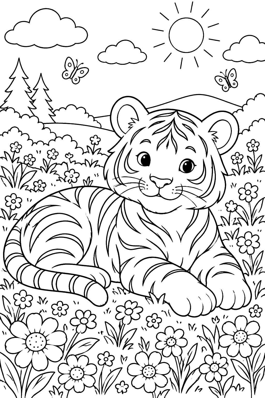 Tiger lying in a field of flowers coloring page