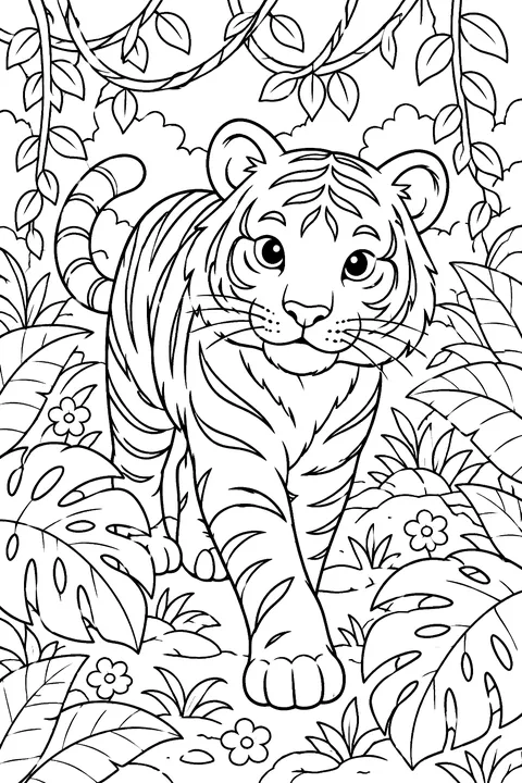 Tiger walking through the jungle with big leaves and vines coloring page