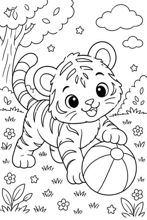 Kawaii tiger playing with a ball coloring page