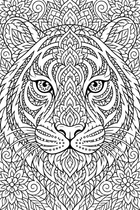 Tiger face made of mandala patterns coloring page