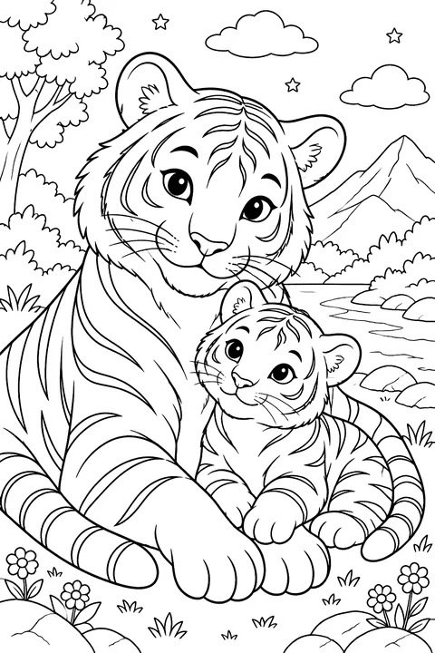 Mother tiger with her cub coloring page
