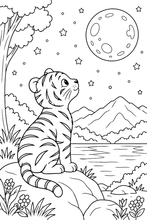 Tiger looking at the moon at night coloring page