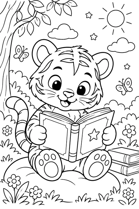 Cute tiger reading a book coloring page