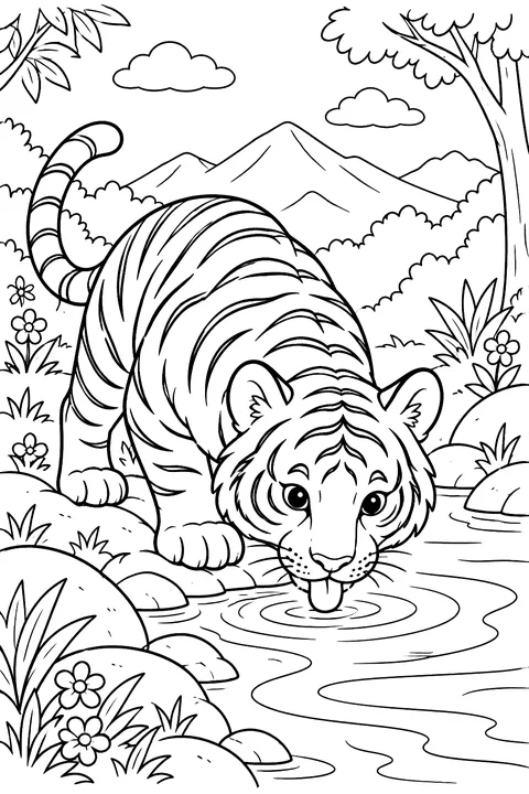 Tiger drinking from a river coloring page