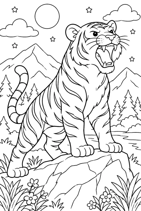 Tiger roaring on a rock coloring page