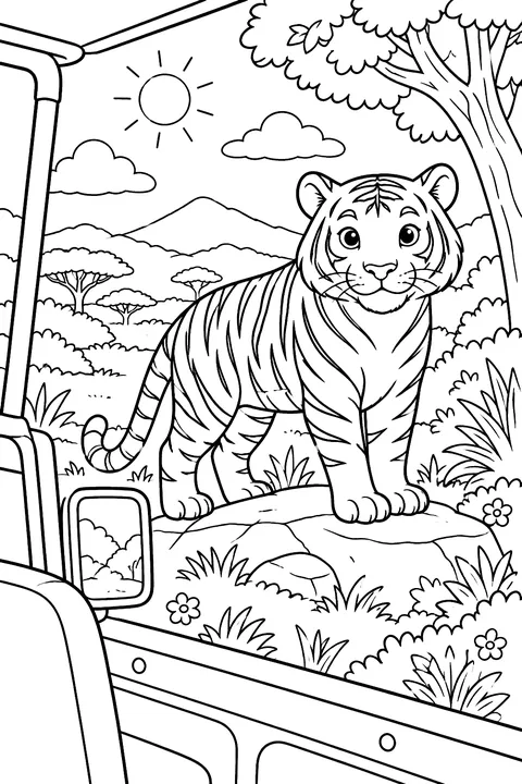 Tiger seen from a safari jeep coloring page
