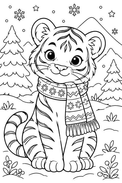 Tiger in a winter scarf coloring page