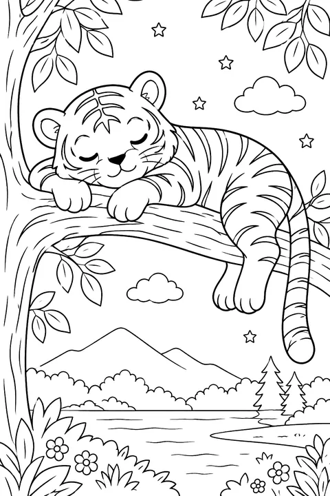 Tiger sleeping on a tree branch coloring page