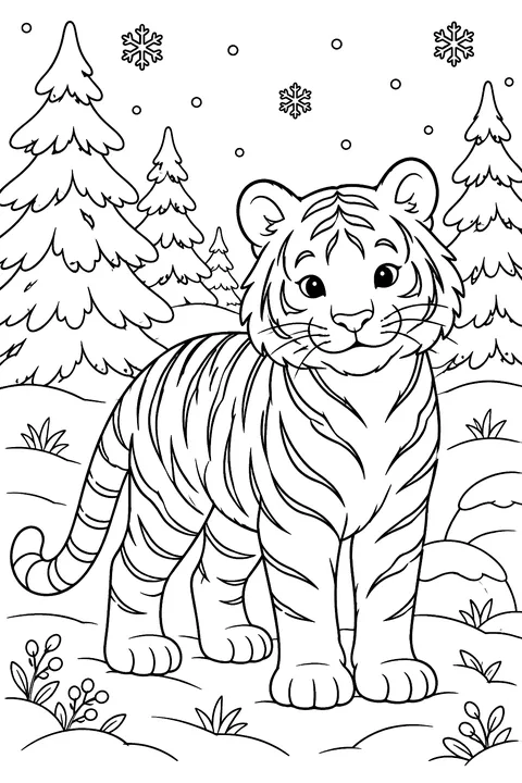 Tiger in the snow with pine trees coloring page