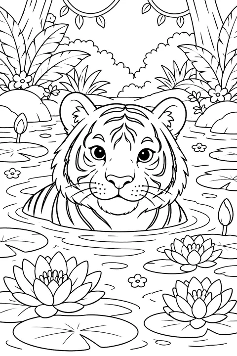 Tiger swimming in a jungle pond among water lilies coloring page
