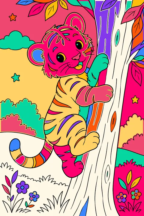 Tiger cub climbing a tree coloring page