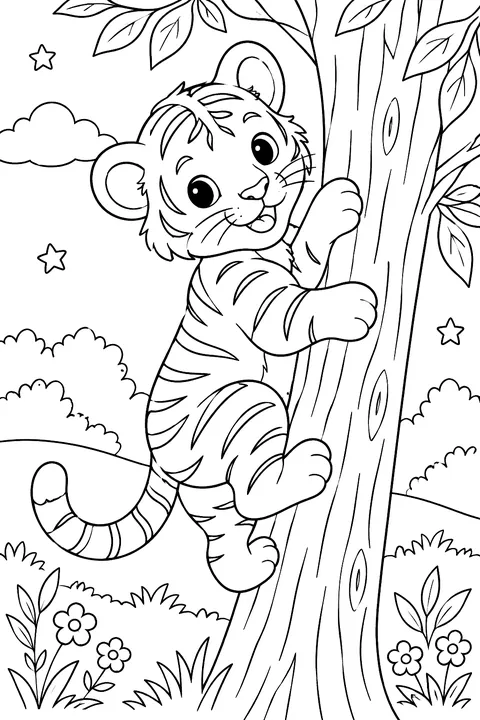 Tiger cub climbing a tree coloring page
