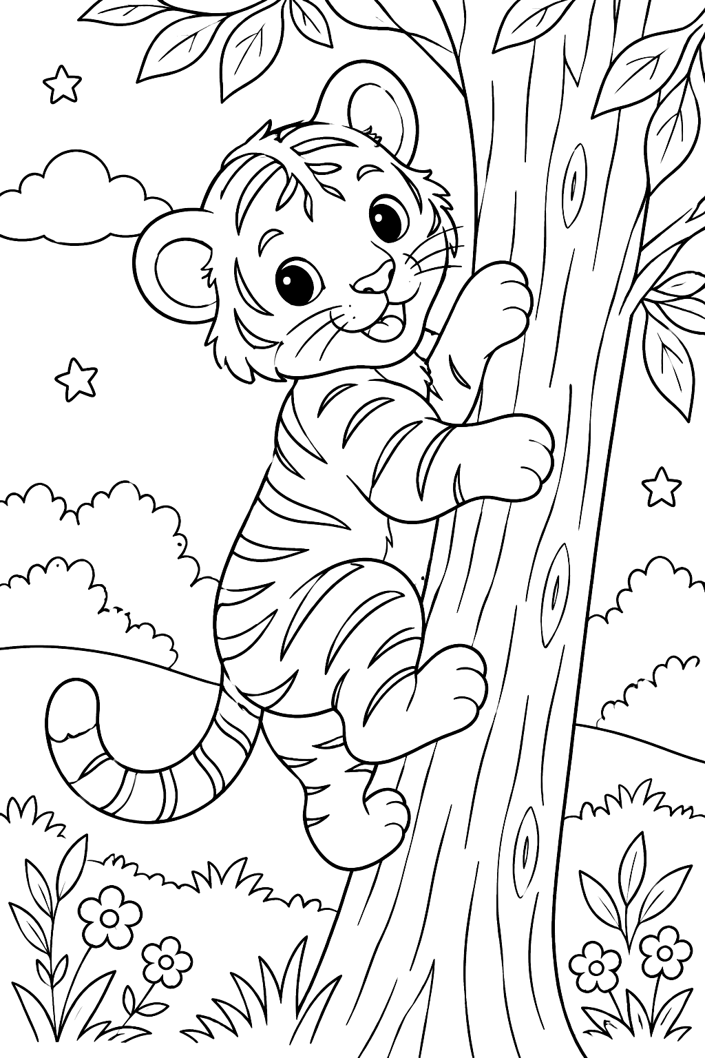 Tiger cub climbing a tree coloring page