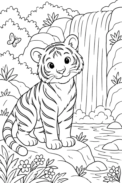 Tiger near a waterfall coloring page