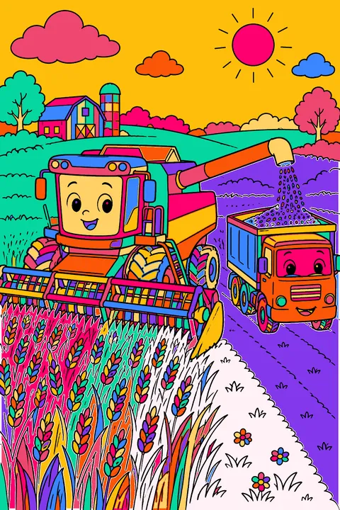 Combine harvester cutting tall wheat as a farm truck waits nearby coloring page
