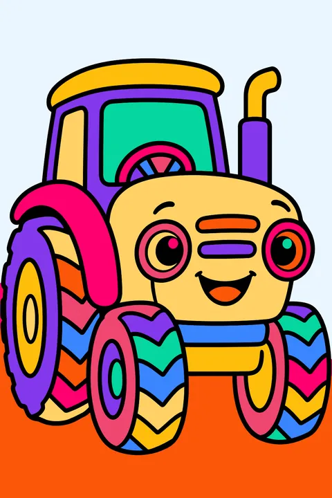 Cute baby tractor with a smiling face and round headlights coloring page