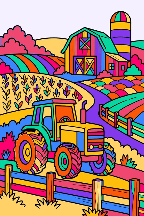 Farm landscape with a tractor, barn, silo, patchwork fields and intricate fences coloring page