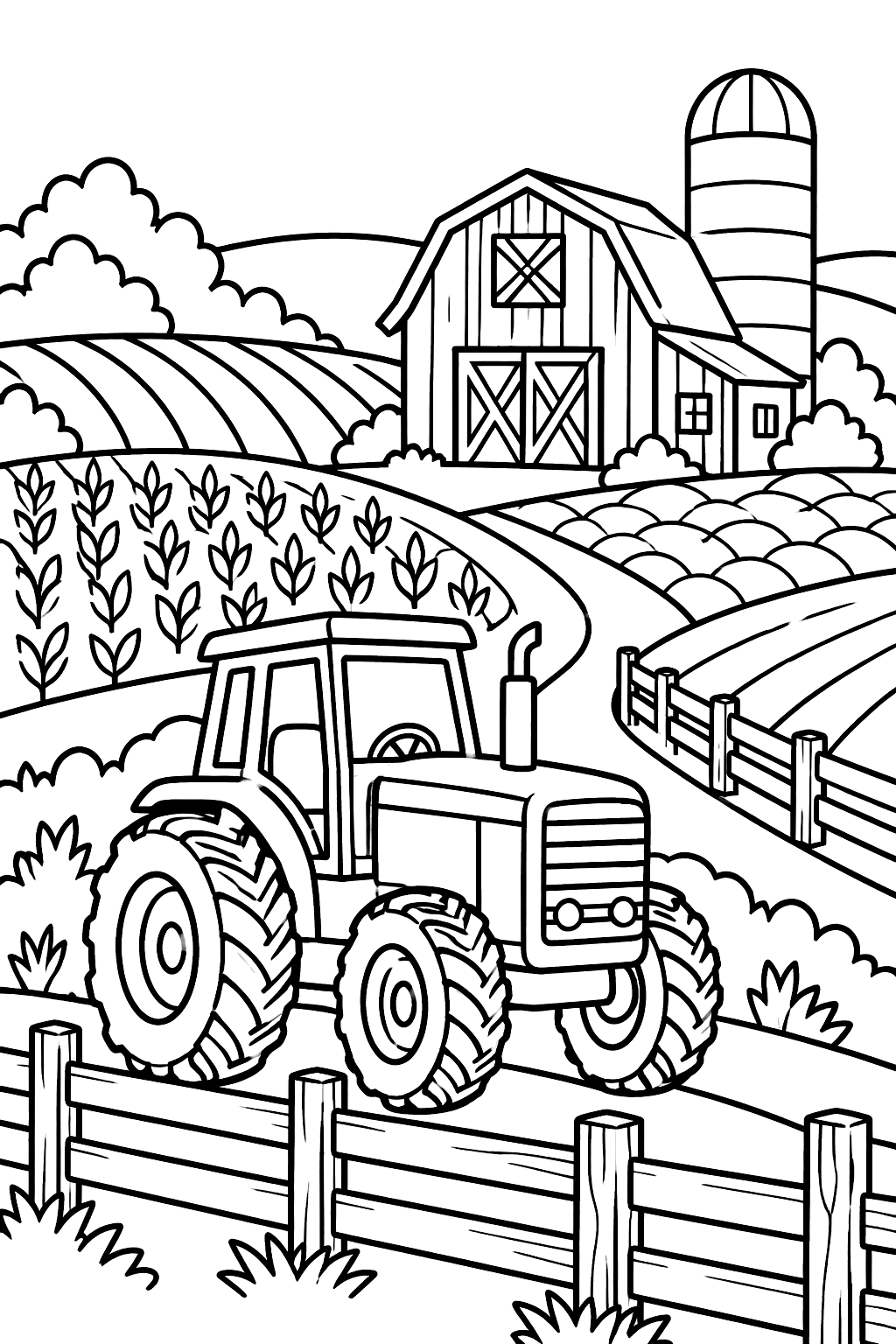 Farm landscape with a tractor, barn, silo, patchwork fields and intricate fences coloring page