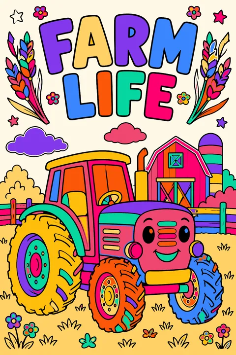 Farm life lettering in big outline letters with a tractor and wheat stalks coloring page