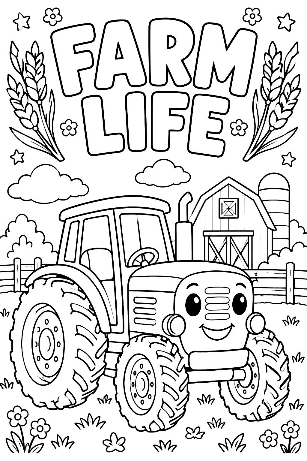 Farm life lettering in big outline letters with a tractor and wheat stalks coloring page